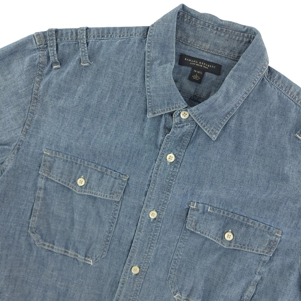 Banana Republic Shirt Mens L Blue Chambray Short Sleeve Button Up Soft Wash